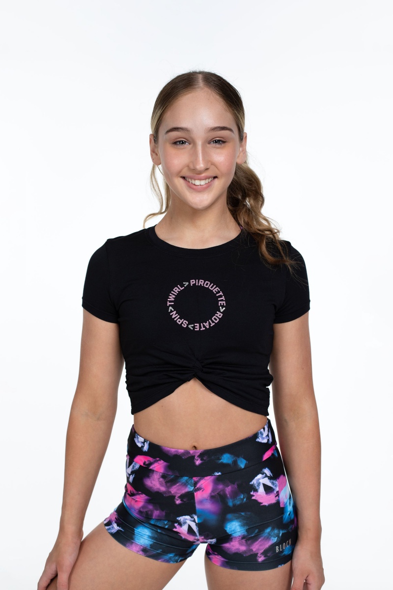 Najfatalniejszy Dziecięce Bloch Flo Active Mock Tie Crop Tee Czarne | BPLSD33569